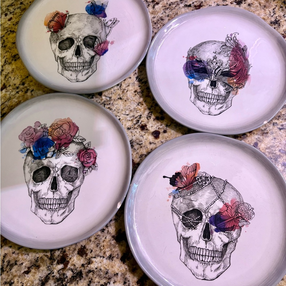 Set of Skull Design Plates with Floral Accents